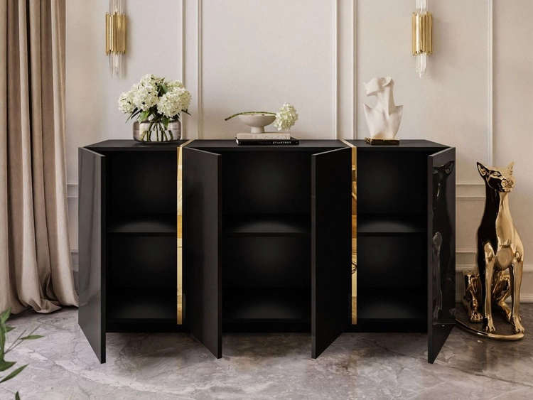 Czterodrzwiowa komoda 158 cm w stylu glamour Lunelie czarny połysk