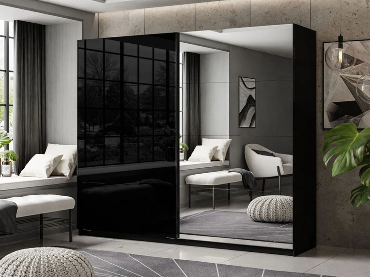 Szafa dwudrzwiowa z drzwiami przesuwnymi i lustrem 244 cm Nuveo Czarny połysk 