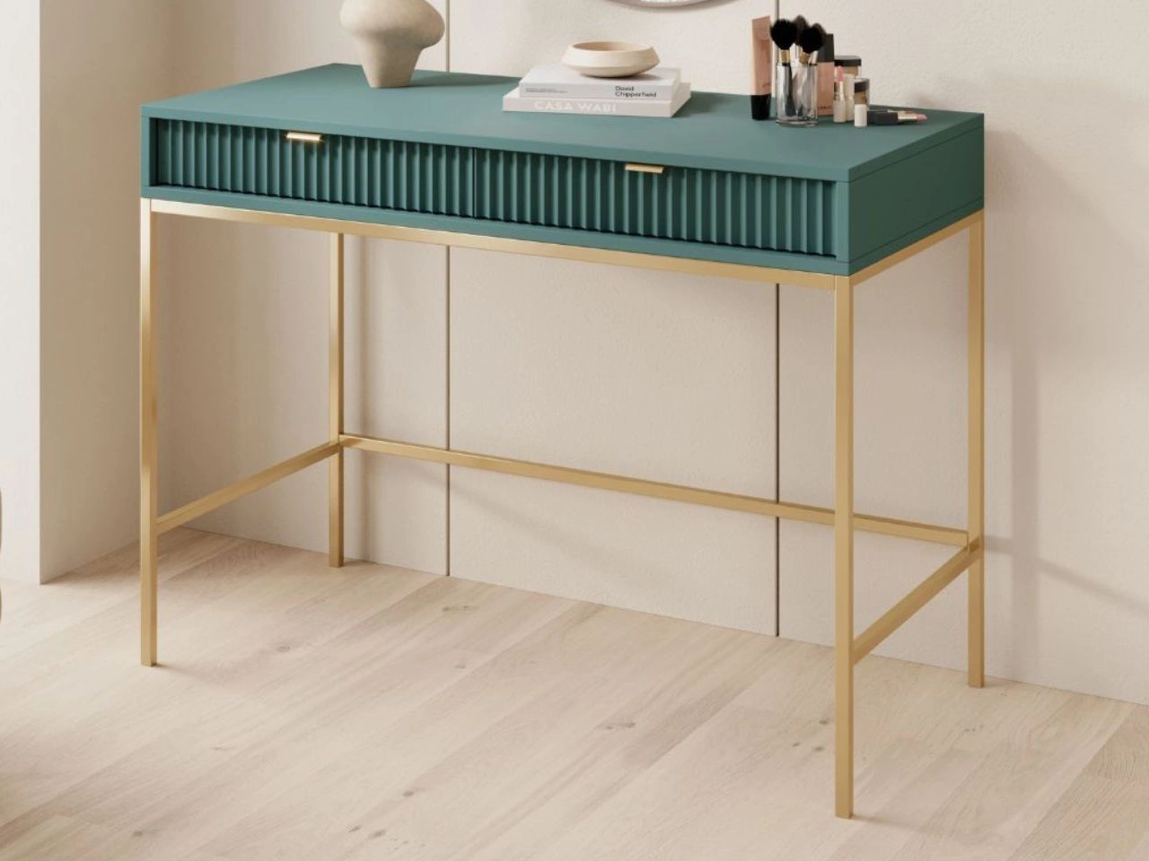 Toaletka ze złotymi metalowymi nogami Amber zielona