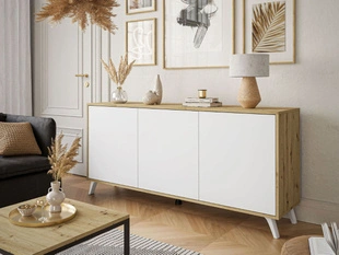 Trzydrzwiowa komoda 154 cm w stylu loft na białych nogach Vivance biały mat i dąb artisan