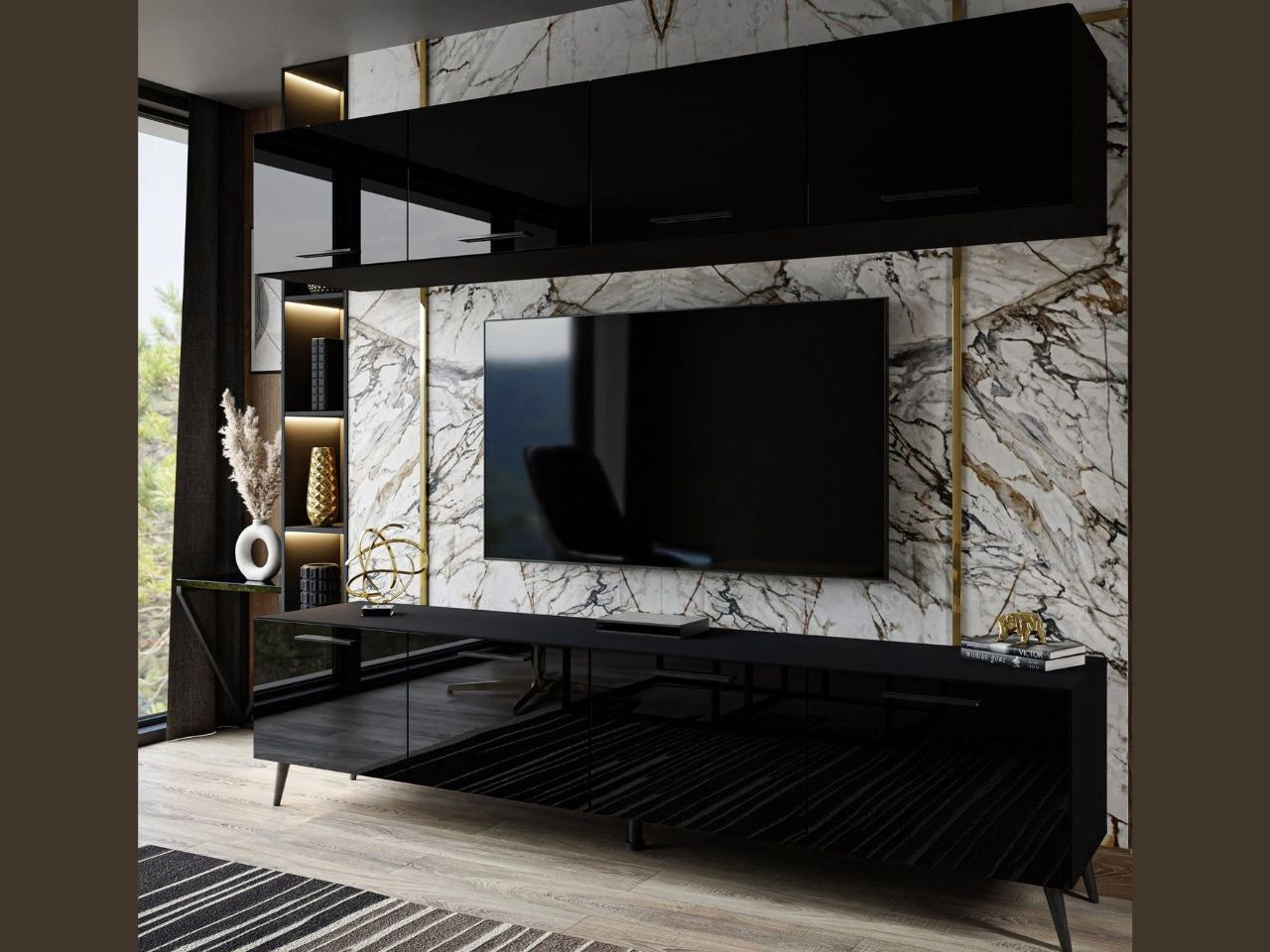 Meblościanka do salonu z oświetleniem LED na czarnych nogach Noaé Czarny połysk