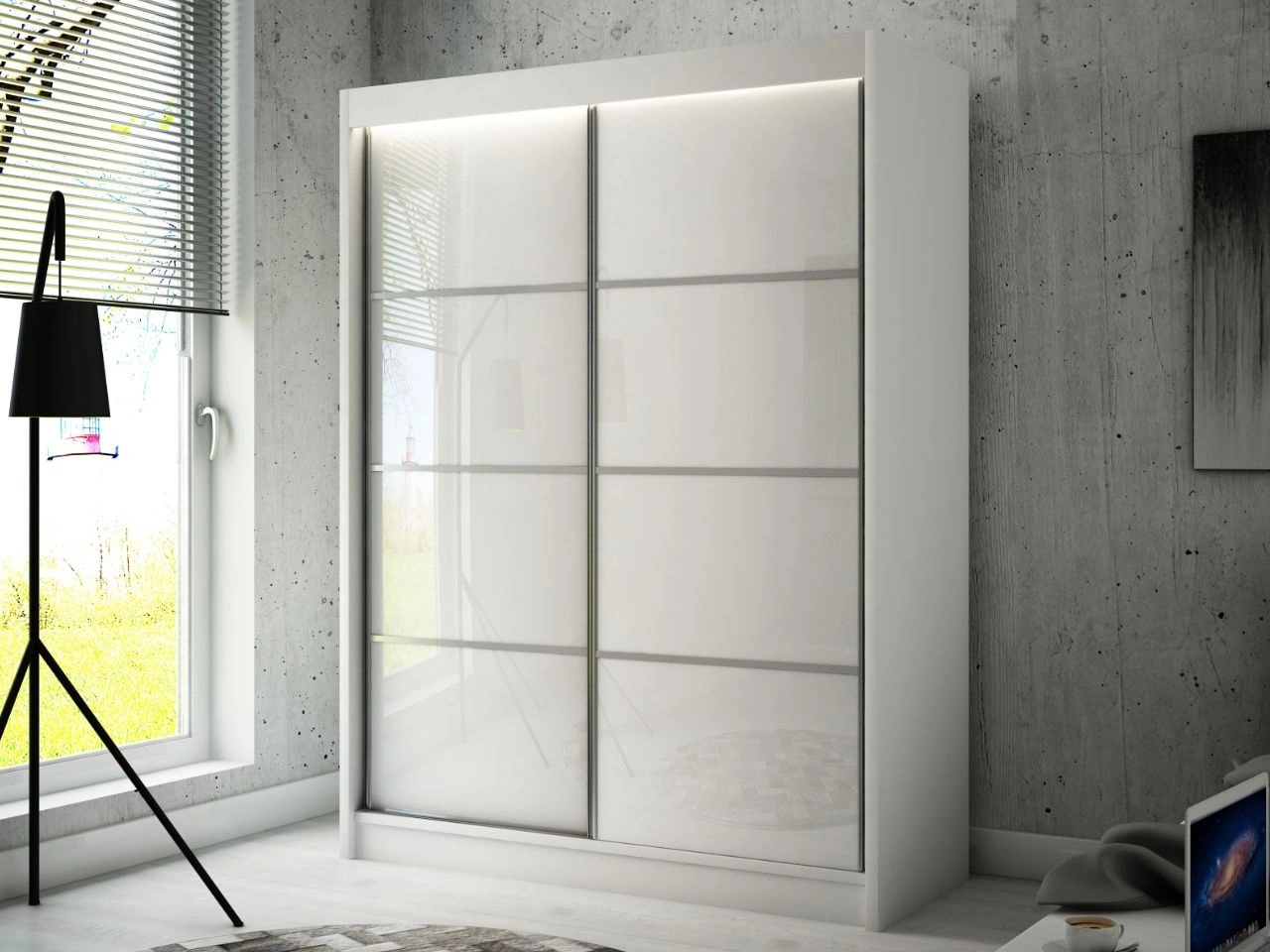 Szafa przesuwna ze szprosami 150 cm z oświetleniem LED Ponti Biała