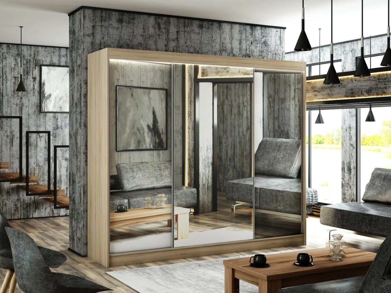 Szafa przesuwna 250 cm z lustrem i oświetleniem LED Luzio Dąb Sonoma