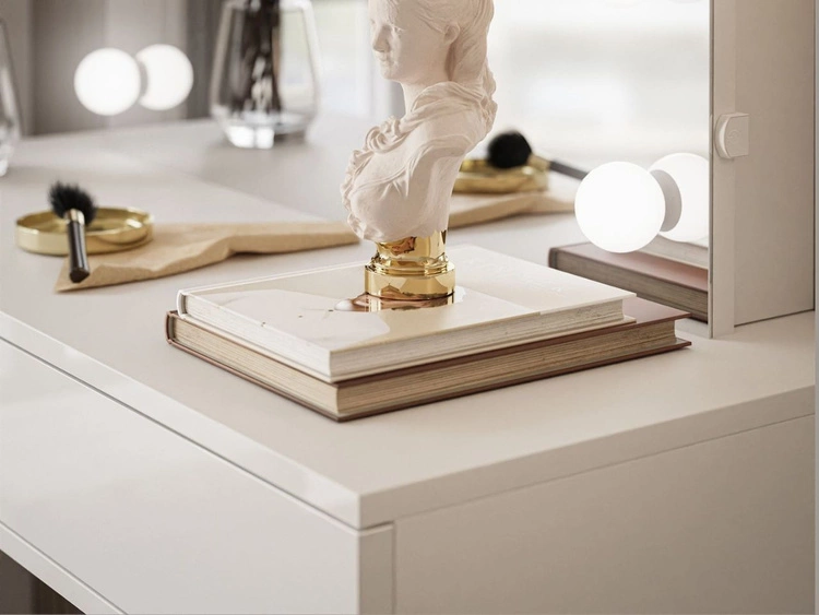 Toaletka kosmetyczna w stylu glamour z czarnymi nogami, lustrem i oświetleniem LED Olivine Elite biały połysk