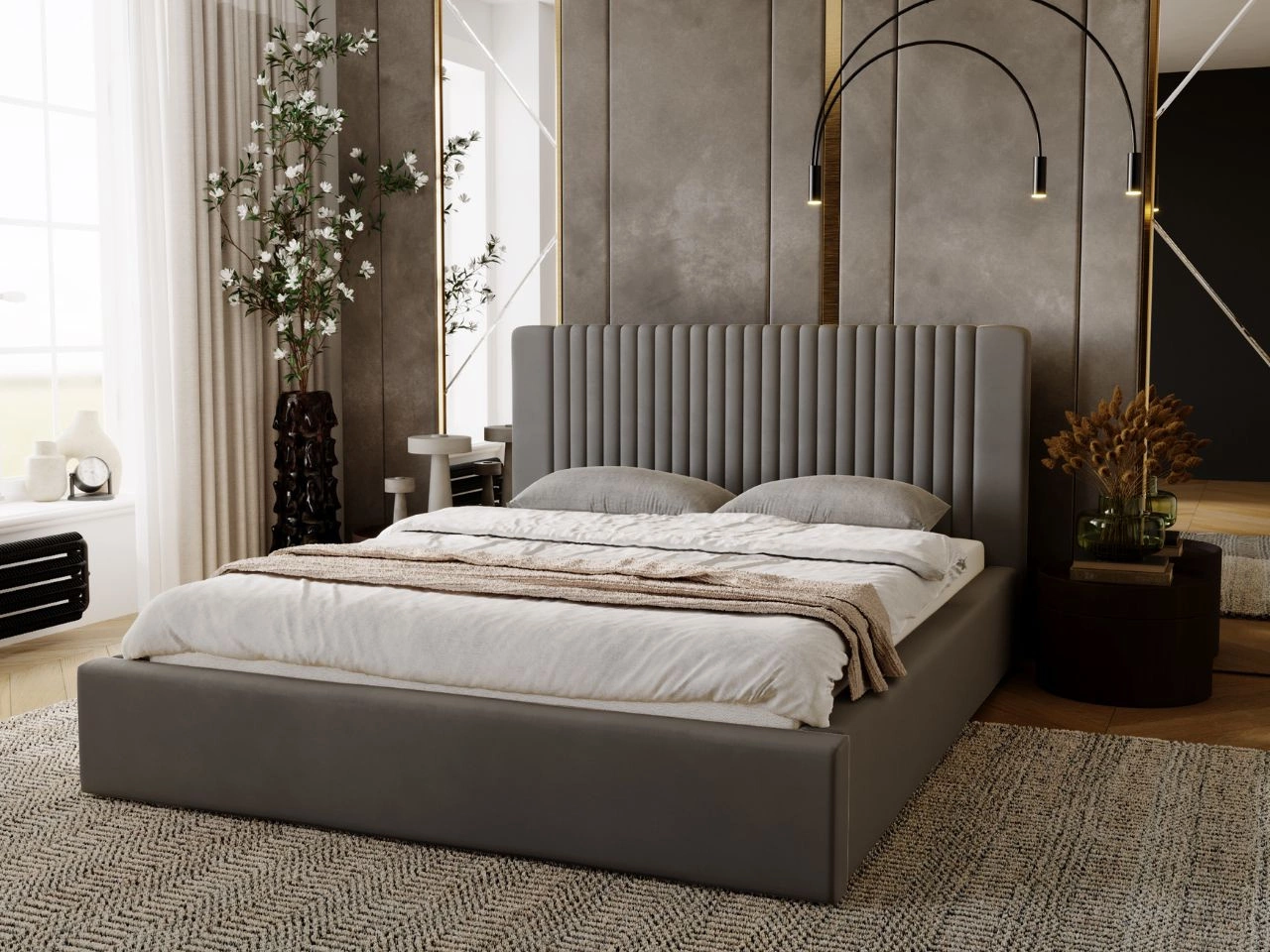 Łóżko tapicerowane z pojemnikiem i stelażem 140x200 Malmo Szary