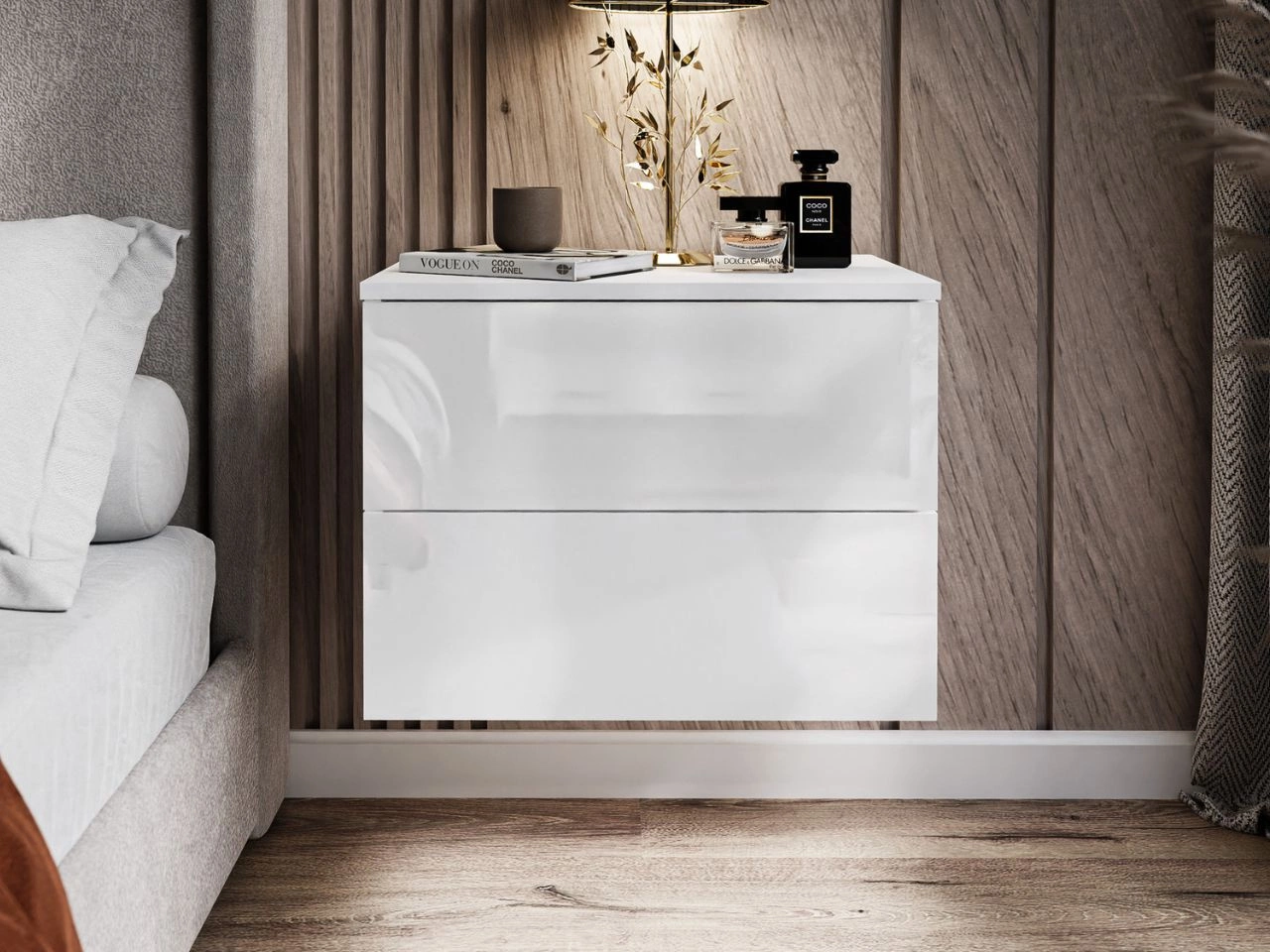 Podwieszany stolik nocny z dwoma szufladami Nuveo Biały połysk