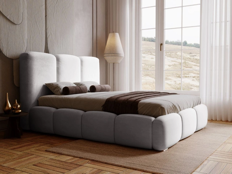 Łóżko tapicerowane z pojemnikiem i stelażem 200x200 cm Bubble Jasnoszare