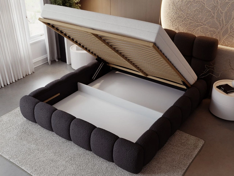 Łóżko tapicerowane z pojemnikiem na pościel i stelażem 180x200 Modo w tkaninie bouclé Czarne