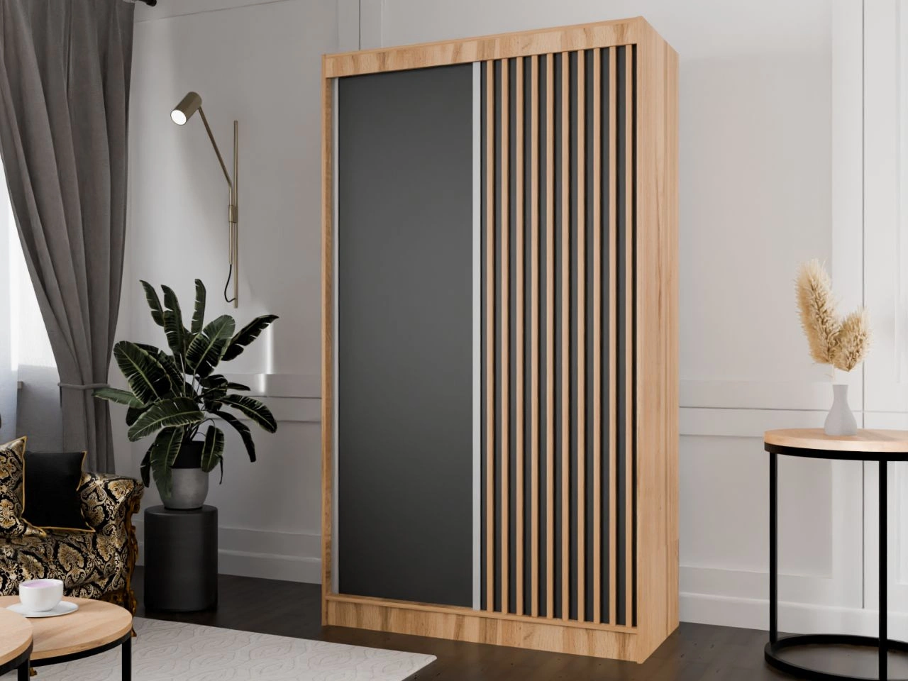 Szafa przesuwna z lamelami 120 cm Loreto Dąb Craft Złoty, Czarna