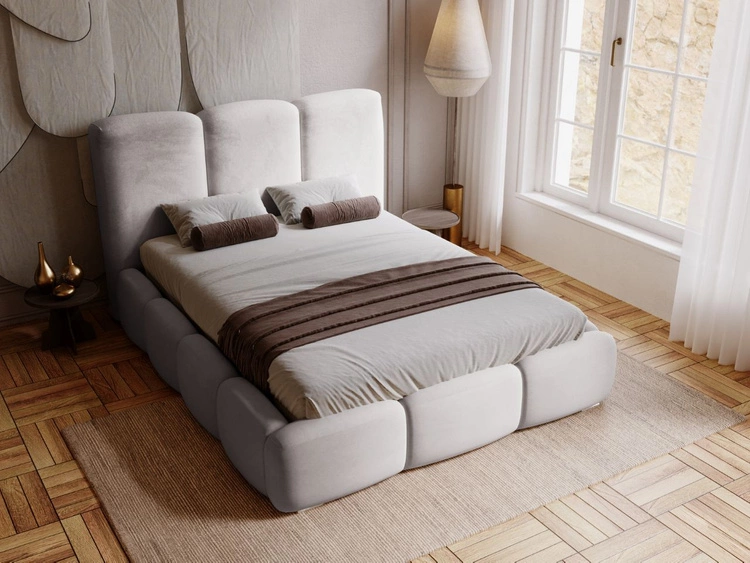 Łóżko tapicerowane z pojemnikiem i stelażem 160x200 cm Bubble Jasnoszare