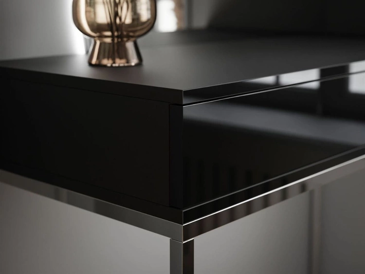 Toaletka kosmetyczna lewostronna z szufladami i oświetleniem LED na srebrnych nogach Clarette Czarny połysk