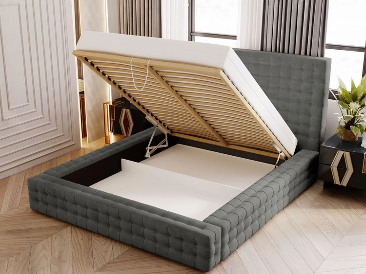 Łóżko tapicerowane z pojemnikiem i stelażem 140x200 Barbados Ciemnoszare
