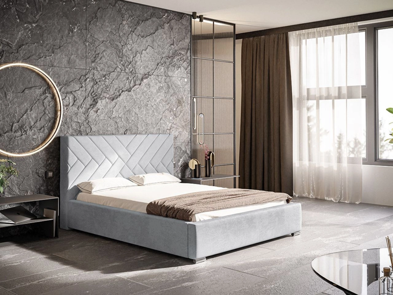 Łóżko tapicerowane z pojemnikiem i stelażem 160x200 Tonale Jasnoszare