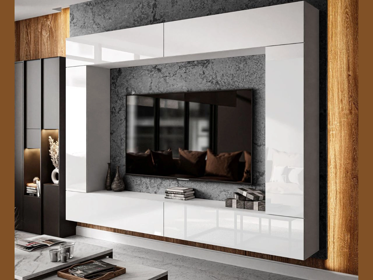 Wisząca meblościanka do salonu z oświetleniem LED Nodoo Biały połysk