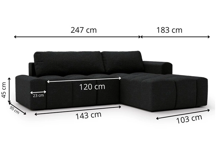 Narożnik L prawy z funkcją spania i pojemnikiem Lana Czarny