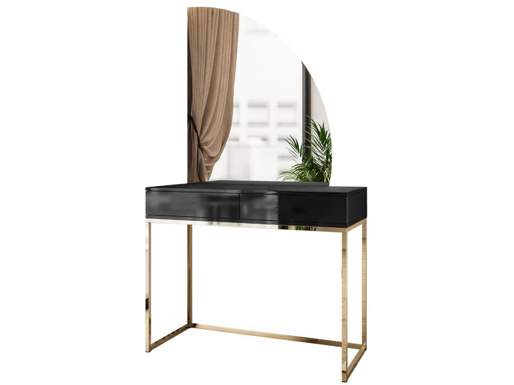 Toaletka kosmetyczna prawostronna z szufladami i oświetleniem LED na złotych nogach Clarette Czarny połysk