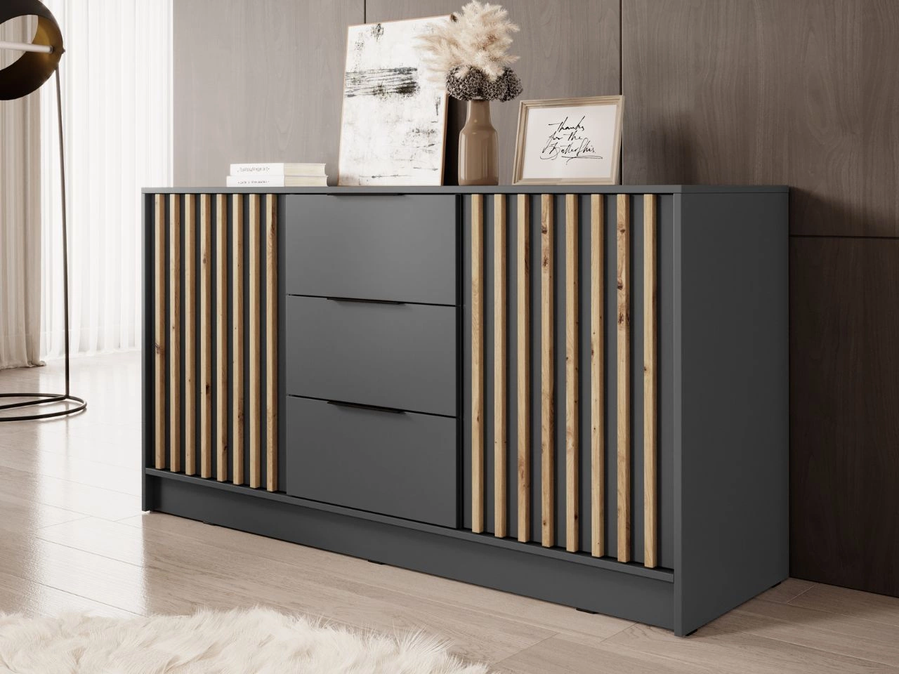 Komoda z drzwiami i szufladami 155 cm Macron Grafitowa z lamelami
