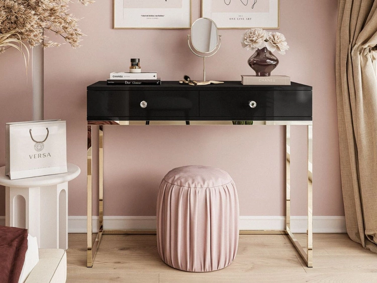 Konsola z szufladami, złotym stelażem i kryształowymi uchwytami Brisa czarny połysk