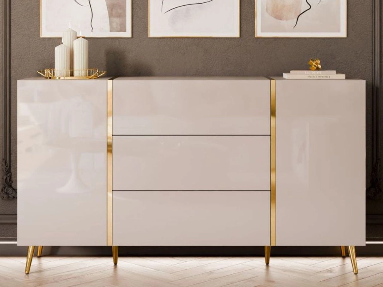 Dwudrzwiowa komoda 158 cm na złotych nóżkach z trzema szufladami Lunelie kaszmir połysk