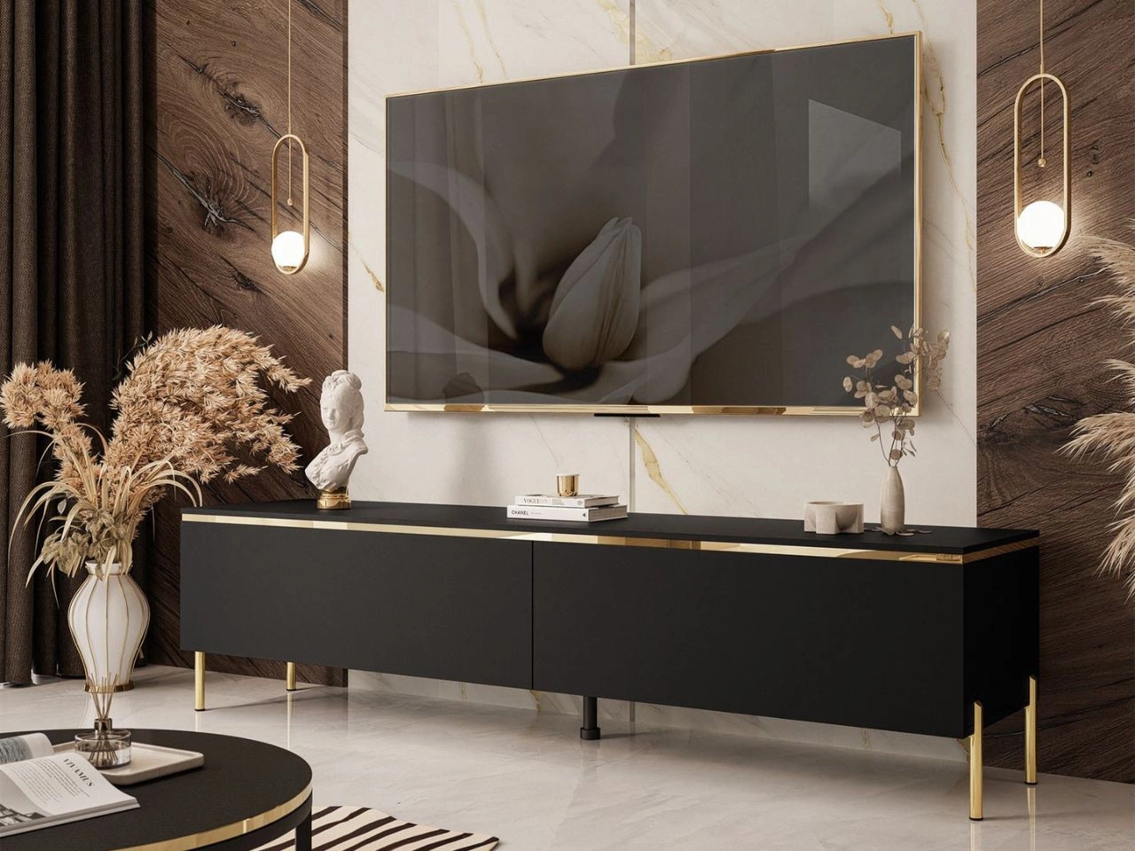 Szafka RTV 180 cm glamour na złotych metalowych nogach i z oświetleniem LED Evare Czarny mat