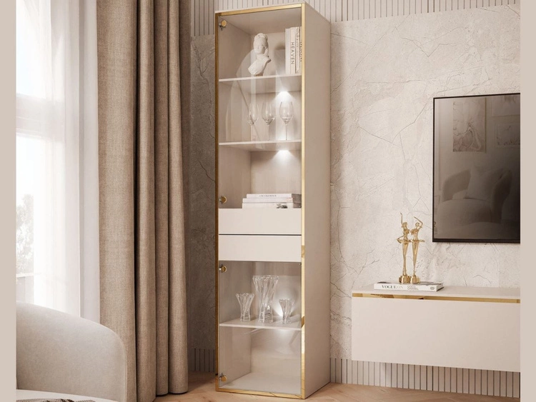 Witryna stojąca szklana w stylu glamour z oświetleniem LED Evare kaszmir