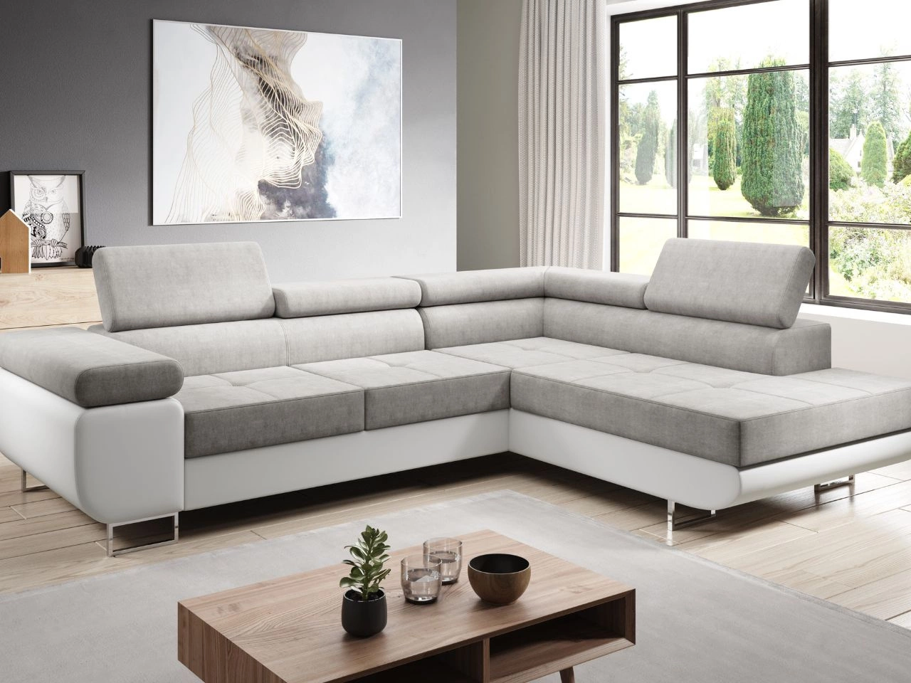 Narożnik prawy z funkcją spania i pojemnikiem Solam L Jasnoszary, Biały