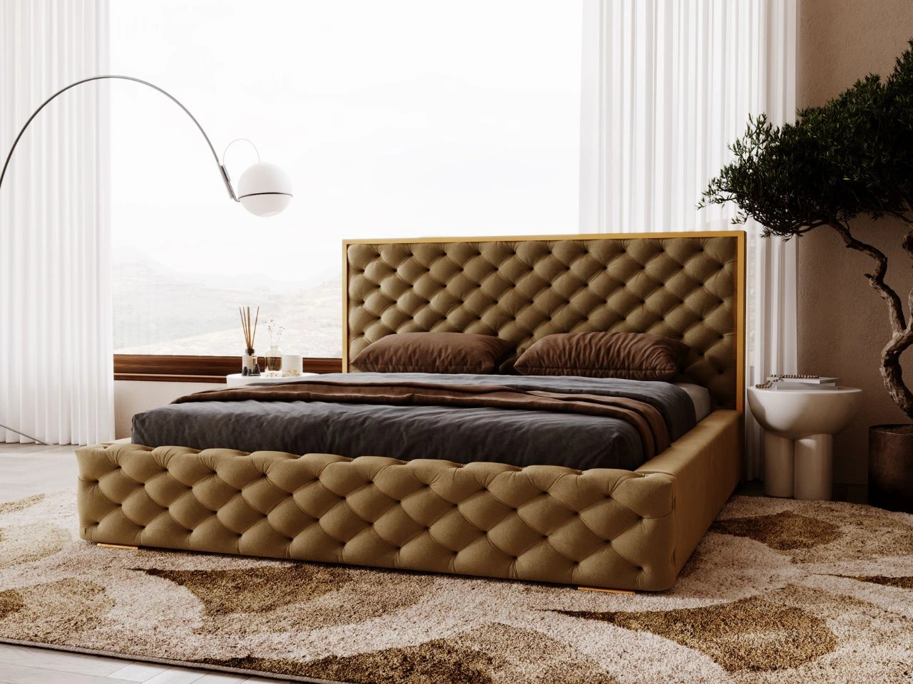 Łóżko tapicerowane z pojemnikiem i stelażem 200x200 Wave Brązowe