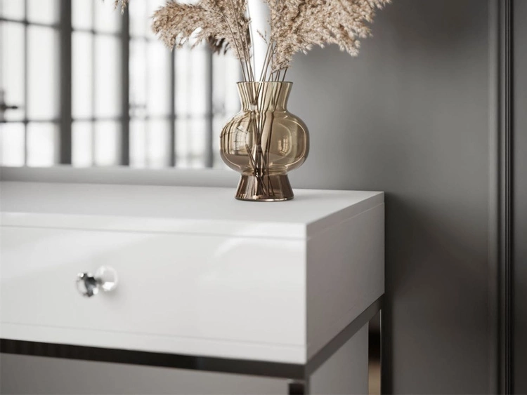 Toaletka kosmetyczna prawostronna z szufladami i oświetleniem LED na srebrnych nogach Clarette Biały połysk