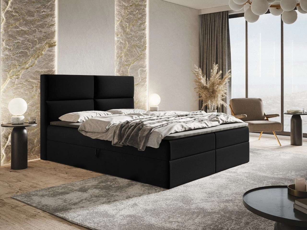 Łóżko kontynentalne z pojemnikiem na pościel 160x200 Hera Czarne