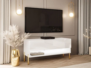 Szafka RTV 90 cm z oświetleniem LED i złotymi metalowymi nóżkami Aurelie Biały połysk