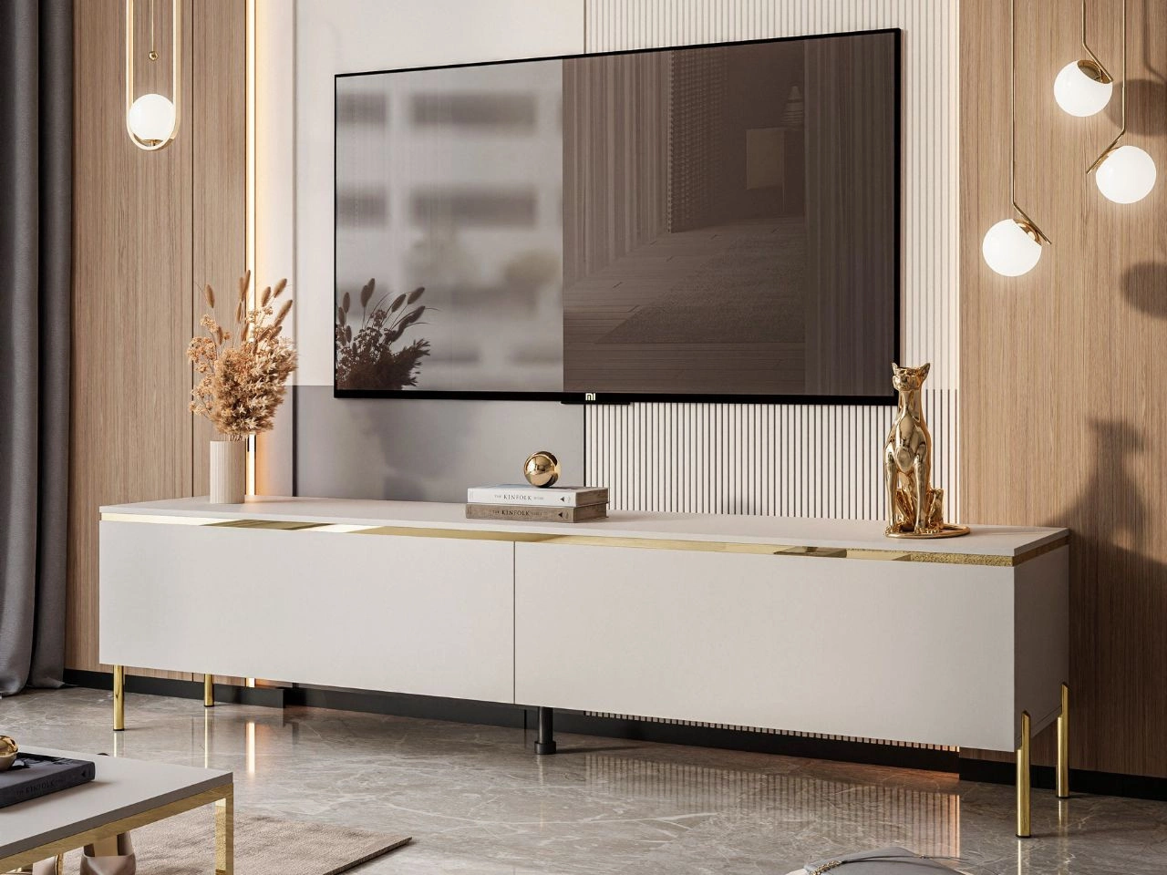 Szafka RTV 180 cm glamour na złotych metalowych nogach i z oświetleniem LED Evare Kaszmir