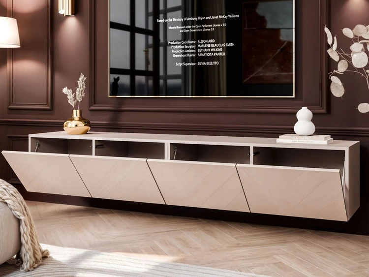 Wisząca szafka RTV pod telewizor z drzwiczkami i oświetlewniem LED 200 cm Nodoo Kaszmir