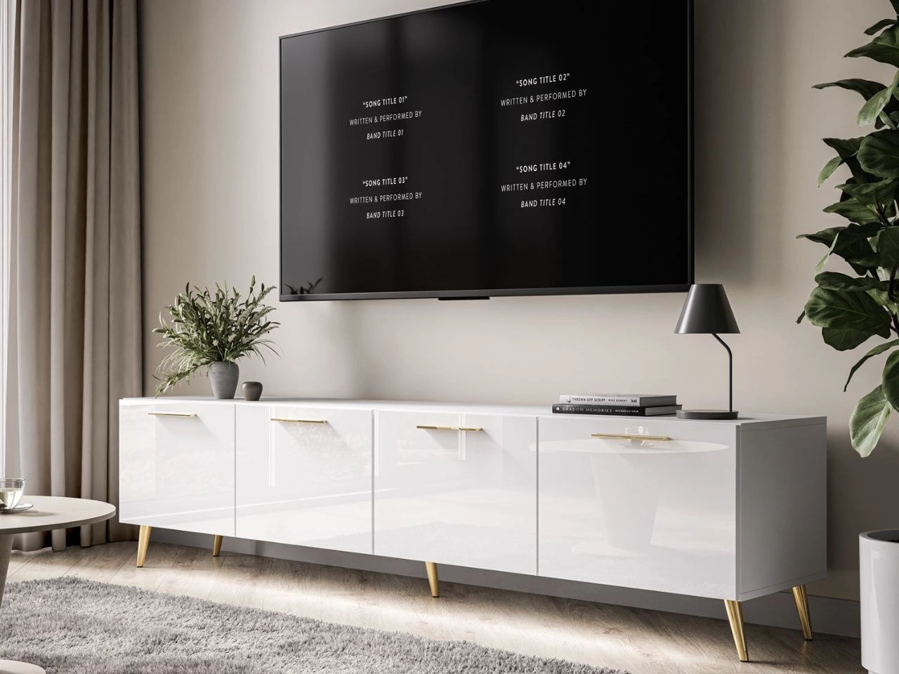 Szafka RTV pod telewizor z drzwiczkami i oświetleniem LED na złotych nóżkach 200 cm Noaé Biały Połysk