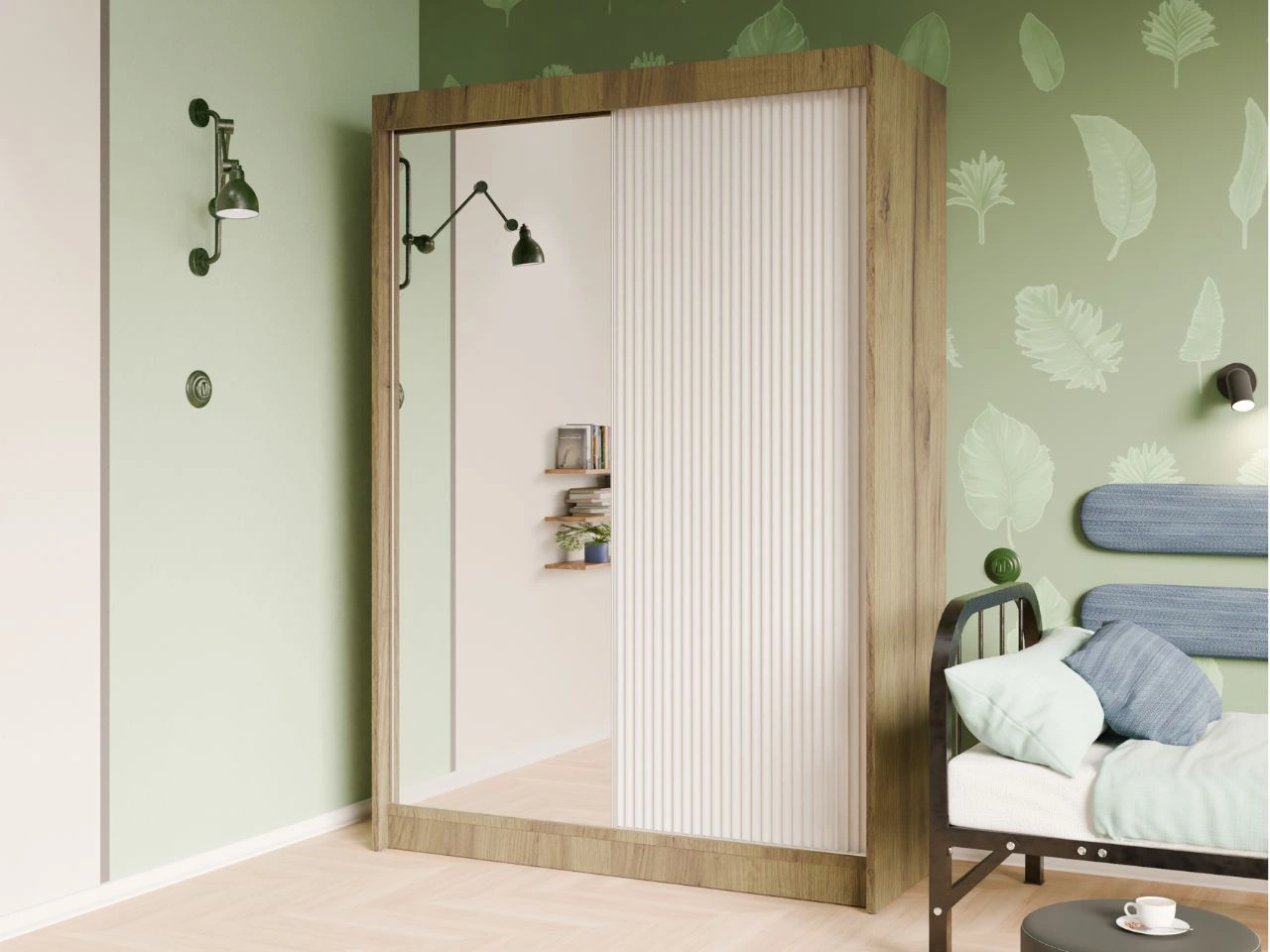 Szafa przesuwna z ryflowanym frontem i lustrem 150 cm Fano Dąb Craft Złoty, Biała