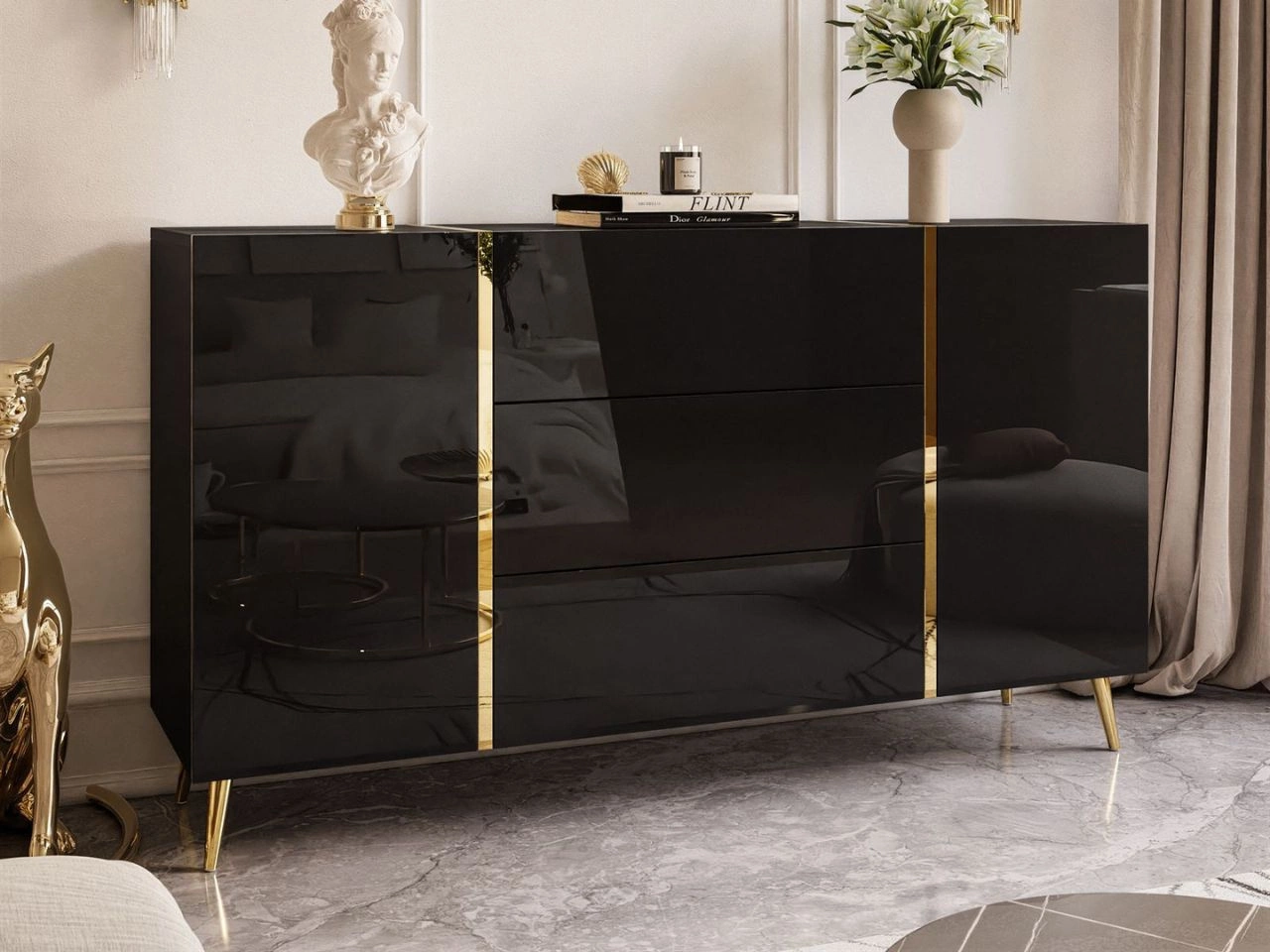Dwudrzwiowa komoda 158 cm na złotych nóżkach z trzema szufladami Lunelie czarny połysk