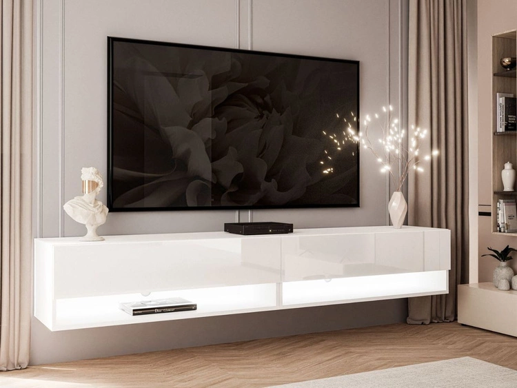 Szafka RTV wisząca 180 cm do salonu z oświetleniem LED Aurelie Biały połysk