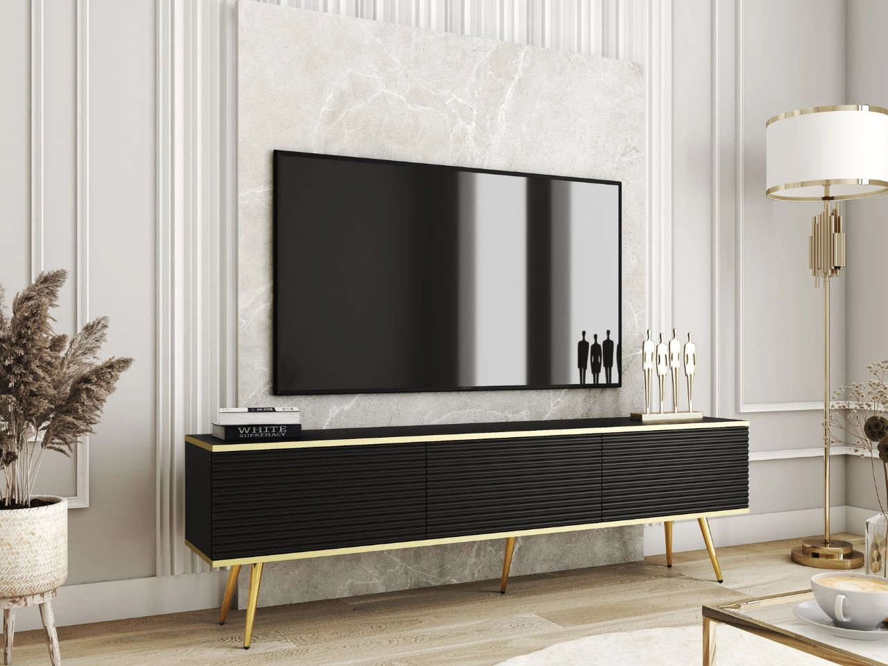 Szafka pod telewizor z drzwiczkami 175 cm z ryflowanym frontem Diolo Czarna na złotych nogach