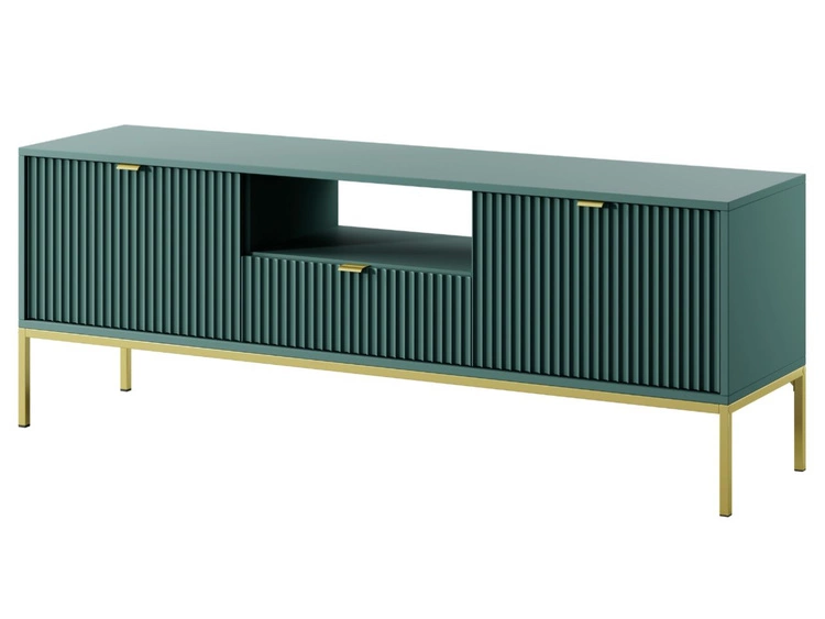 Szafka pod telewizor z szufladami i drzwiczkami Amber zielona na złotych nogach