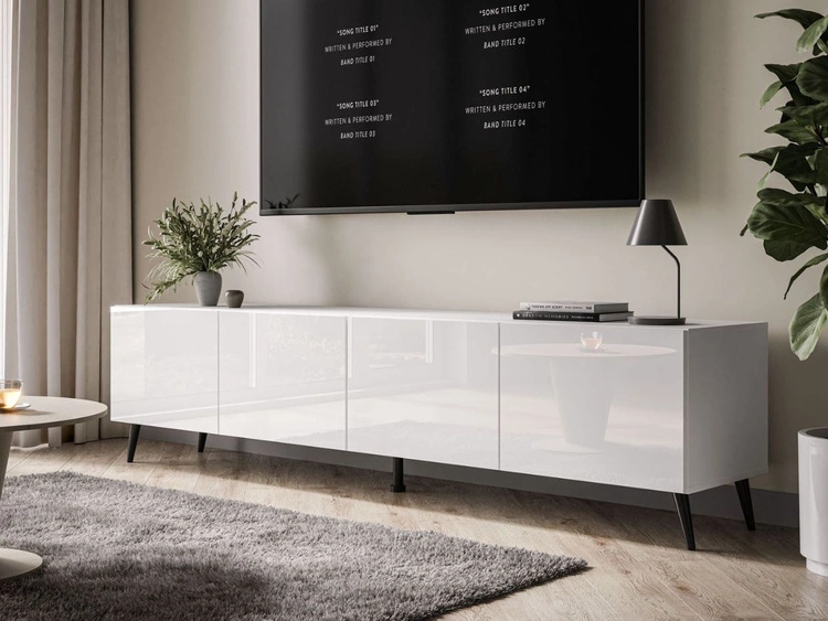Szafka RTV pod telewizor z drzwiczkami na czarnych nóżkach 200 cm Nodoo Biały połysk