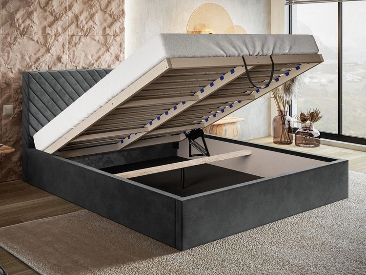 Łóżko tapicerowane z pojemnikiem i stelażem 180x200 Esma ciemnoszare