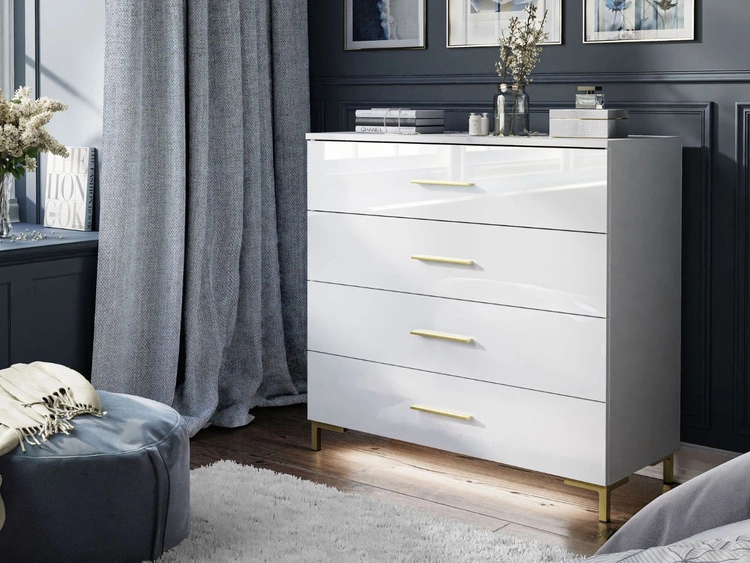 Komoda z czterema szufladami i oświetleniem LED na złotych nóżkach Nuveo Biały połysk
