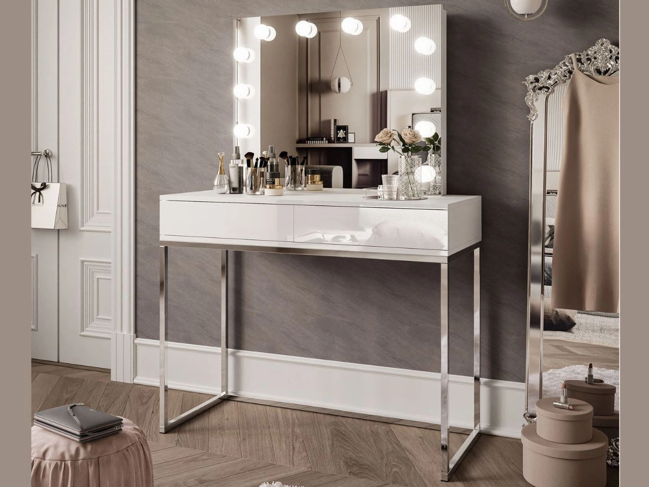 Toaletka glamour z szufladami, lustrem i oświetleniem LED Brisa biały połysk