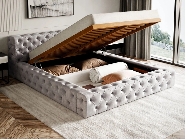 Łóżko tapicerowane z pojemnikiem i stelażem 180x200 cm Palini Jasnoszare