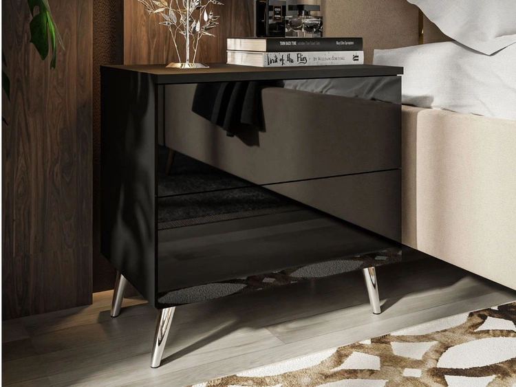 Stolik nocny z szufladami na srebrnych nogach Nuveo Czarny połysk