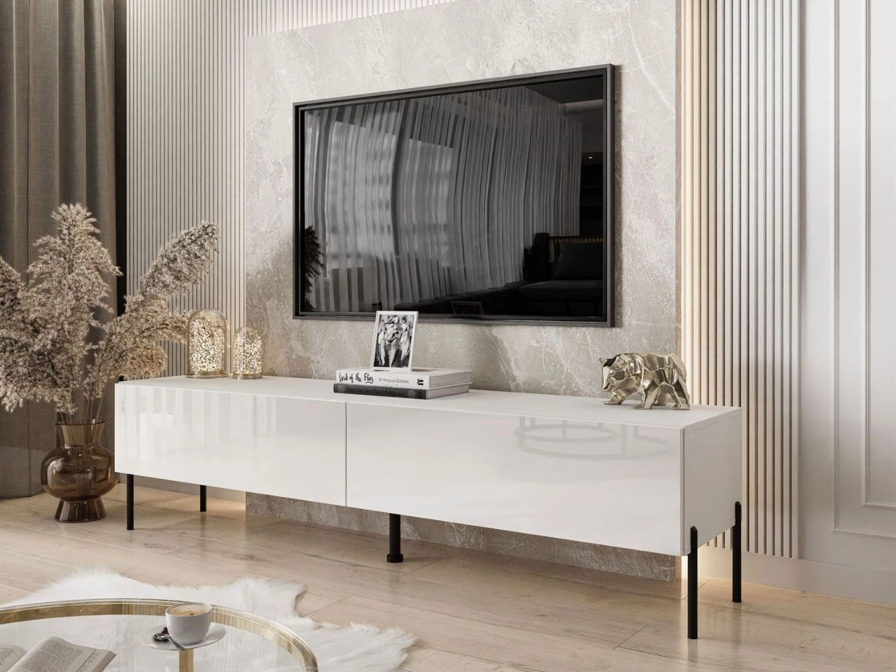 Szafka RTV pod telewizor z drzwiczkami na czarnych nóżkach 175 cm Sorelle Biały połysk