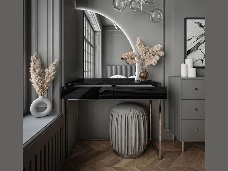 Toaletka kosmetyczna prawostronna z szufladami i oświetleniem LED na srebrnych nogach Clarette Czarny połysk