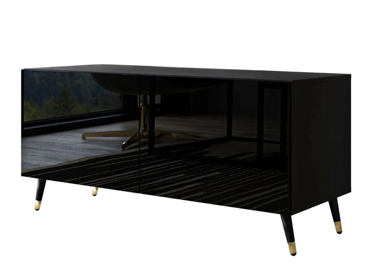 Szafka RTV pod telewizor z drzwiczkami na czarno-złotych nóżkach 100 cm Noaé Czarny połysk