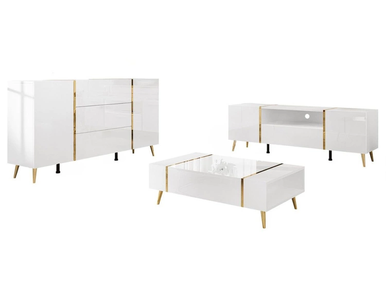 Zestaw mebli do salonu na złotych metalowych nóżkach w stylu glamour Lunelie Biały połysk