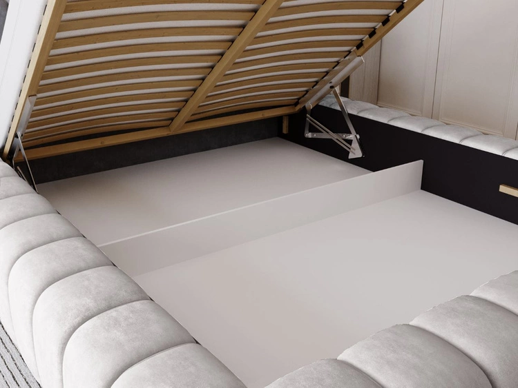 Łóżko tapicerowane z pojemnikiem na pościel i stelażem 140x200 Italia Jasnoszare