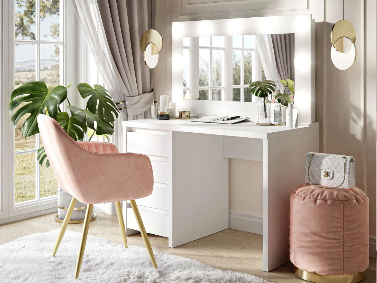 Toaletka kosmetyczna z szerokim lustrem, szufladami i oświetleniem LED Nesso biały mat